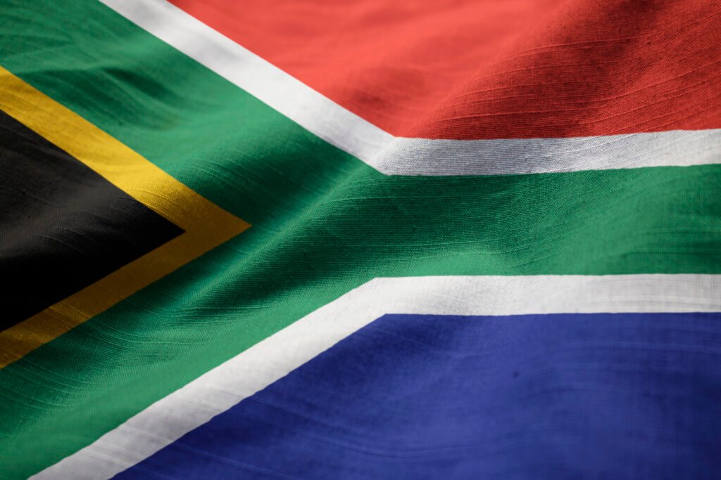 Closeup of Ruffled South Africa Flag, South Africa Flag Blowing